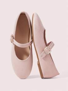 CUCCOO DOLLMOD Women's Light Pink Round Toe One-Strap With Square Gold Buckle Flat Mary Jane Shoes, Suede Material, Casual Elegant Retro Style, Suitable For Daily And Date Outfit, Soft Bottom Flat Shoes - Baby Pink - View 2