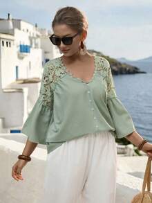 Linhara CURVE Camisa casual de mujer de talla grande con parches de encaje floral verde fresco, primavera/verano - Verde - Ver 3