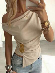 Modelyn Áo tank top nữ màu mơ dệt kim không tay, khóa kim loại, xếp ly, lệch vai, thắt eo, kiểu dáng thanh lịch, thích hợp cho mùa xuân/hè. - Màu be - Xem 8