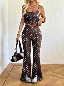 SHEIN EZwear Quần ống loe cạp cao chấm bi dành cho nữ, kiểu dáng thường ngày, đa năng, thích hợp đi làm. - Cà phê nâu - Xem 5