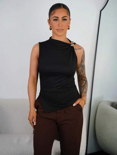 SAYEHFBABY 休闲时尚金属装饰腰部褶皱修身吊带背心