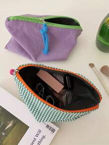 Classic Plaid Cosmetic Bag Portable Travel Toiletry Organizer Vintage Retro Style Contrast Design Multi Compartment Water Resistant Lining Durable Zipper Daily Essentials Storage - Multicolor - View 3