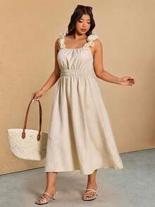 Elaquor Plus Size Women Solid Color Square Neck Ruched Waist Dress,Beige Summer Elegant Tea Party Wedding Guest Holiday Casual Beach Vacation Sun Dress - Apricot - View 7