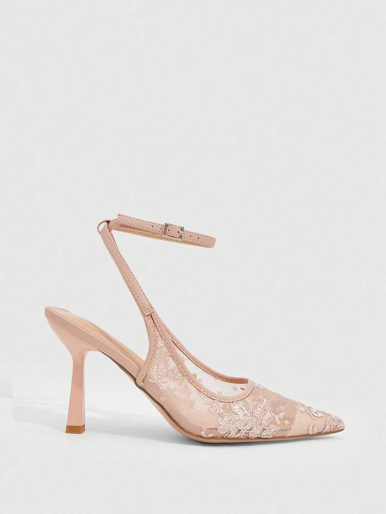 CUCCOO SZL Women Shoes Spring And Summer New Pointed Stiletto Light Pink Lace Mesh Fashion Sexy Wedding Banquet Ankle Strap Women's High Heels Shoes Women's Shoes Spring Shoes