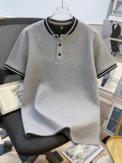 EGENSIO Polo homme à col côtelé avec 3 boutons, couleur unie texturée jacquard