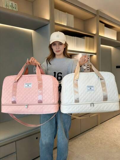 1个大容量旅行手提包，超大过夜周末旅行包，女士多隔层干湿分离侧袋鞋仓，轻便菱格纹行李箱包，适合旅行、商务出行、健身、探险、过夜、住院等场合，必备单品