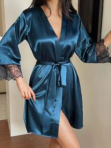 DAZY 女士蕾丝拼接缎面露背睡袍，春夏款 - 藍色 - 查看 5