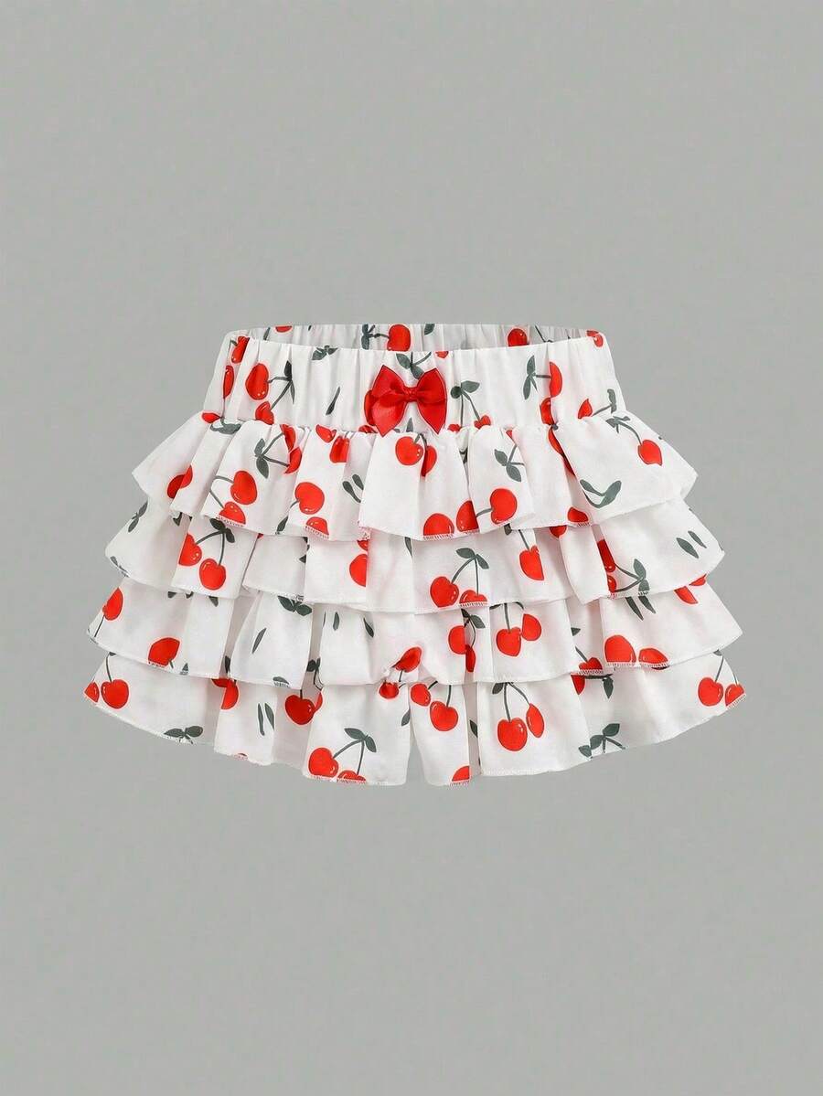 SHEIN 少女蝴蝶结装饰樱桃印花休闲百搭日常短裤 - 彩色 - 查看 1