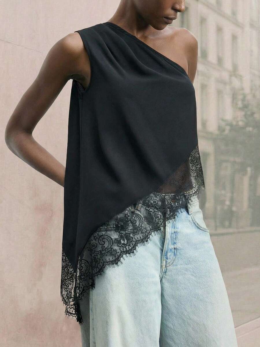 Maija 2026春夏及初秋独立日七月毕业季女士不对称肩部设计都市女士夏季黑色纯色褶皱无袖休闲上衣，蕾丝拼接圣帕特里克节女士复活节派对上衣 - 黑色 - 查看 1