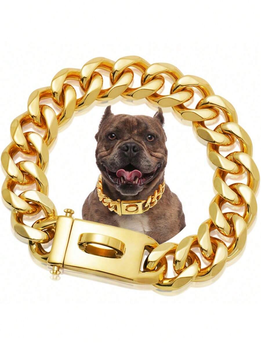 Collar de perro de acero inoxidable de alta resistencia con hebilla de bloqueo, collar de entrenamiento de cadena cubana dorada, collar de metal para mascotas. - Dorado - Ver 1