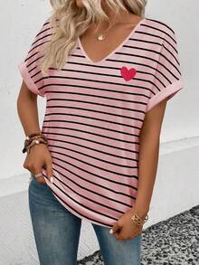 Selamara Women's V-Neck Short Sleeve Loose Striped Heart Pattern T-Shirt, Best Seller - Multicolor - View 4