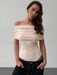 RiviMae Bodysuit Wanita Elegan Tanpa Bahu, Atasan Tanpa Lengan Berlipit Tanpa Tali Bergaris Warna Aprikot untuk Acara Malam Musim Panas, Kemeja Serbaguna Modis Warna Polos - Aprikot - View 5