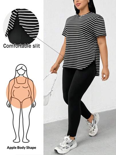 Shapeblank Plus-Size Women's Spring/Summer Fashion Casual Loose Stretch Comfortable Everyday Basic Versatile Slimming Short-Sleeved Striped Top And Black Skinny Jeans Two Pieces Set,Summer Clothes,Pants Set,Street Wear,Airport Outfits