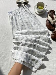 Comfortcana Plus Size Brown Ditsy Floral Casual Wide Leg Pants, Autumn 2026 New Arrival Gym - White - View 6