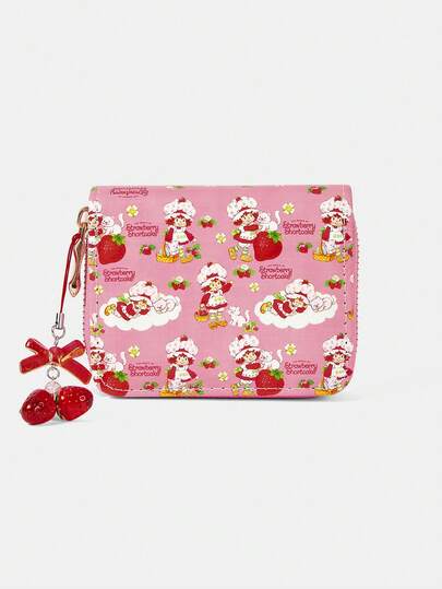 Strawberry Shortcake X SHEIN محفظة قصيرة بسيطة مع سحاب لتغيير النقود للنساء، بتصميم سحابة وفراولة للأطفال