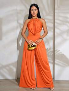 SOLERSUN Monos elegantes de verano y primavera para uso diario, de unicolor, con cuello halter, espalda descubierta, sin mangas, con pliegues y ajuste ceñido - Naranja - Ver 2