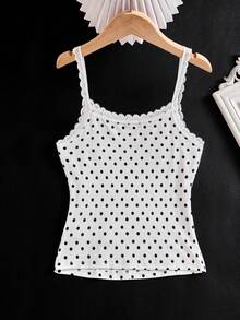SHEIN Débardeur à pois en dentelle française pour préadolescentes, design vintage français, convient pour les occasions décontractées, à la maison, à la plage, en extérieur l'été - Noir et Blanc - Voir 2