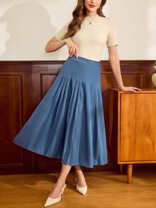Vintamour Vintage Classic Elegant Women's Pleated A-Line Skirt, Navy Blue Pocketed Skirt, Spring/Summer - Navy Blue - View 4