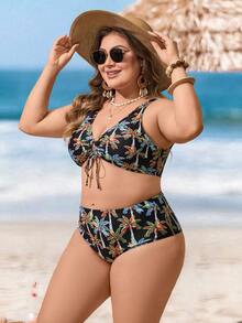 Swim Lushoire 2026 New Plus Size Women's Fresh Hainan Style Digital Print 2-Piece Swimsuit, Removable Padded Bra, Drawstring Waist, Hollow-Out Design, Slim-Fit High-Waisted Triangle Bottoms, Casual Elegant Resort Beach Swimwear - Multicolor - View 4