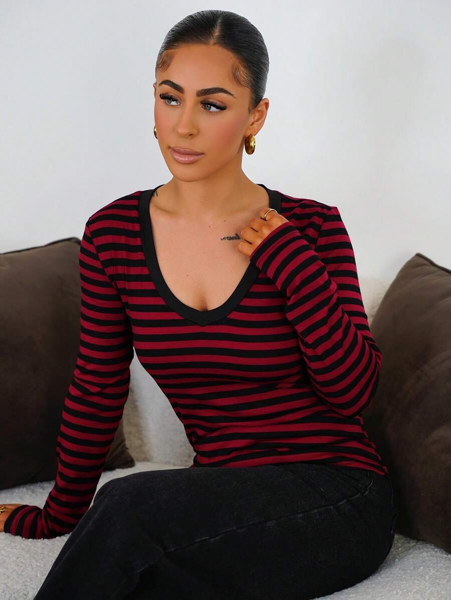 SAYEHFBABY 女式秋季四季垃圾摇滚日常外出装灰色和黑色条纹针织V领长袖T恤 - 紅色 - 查看 1