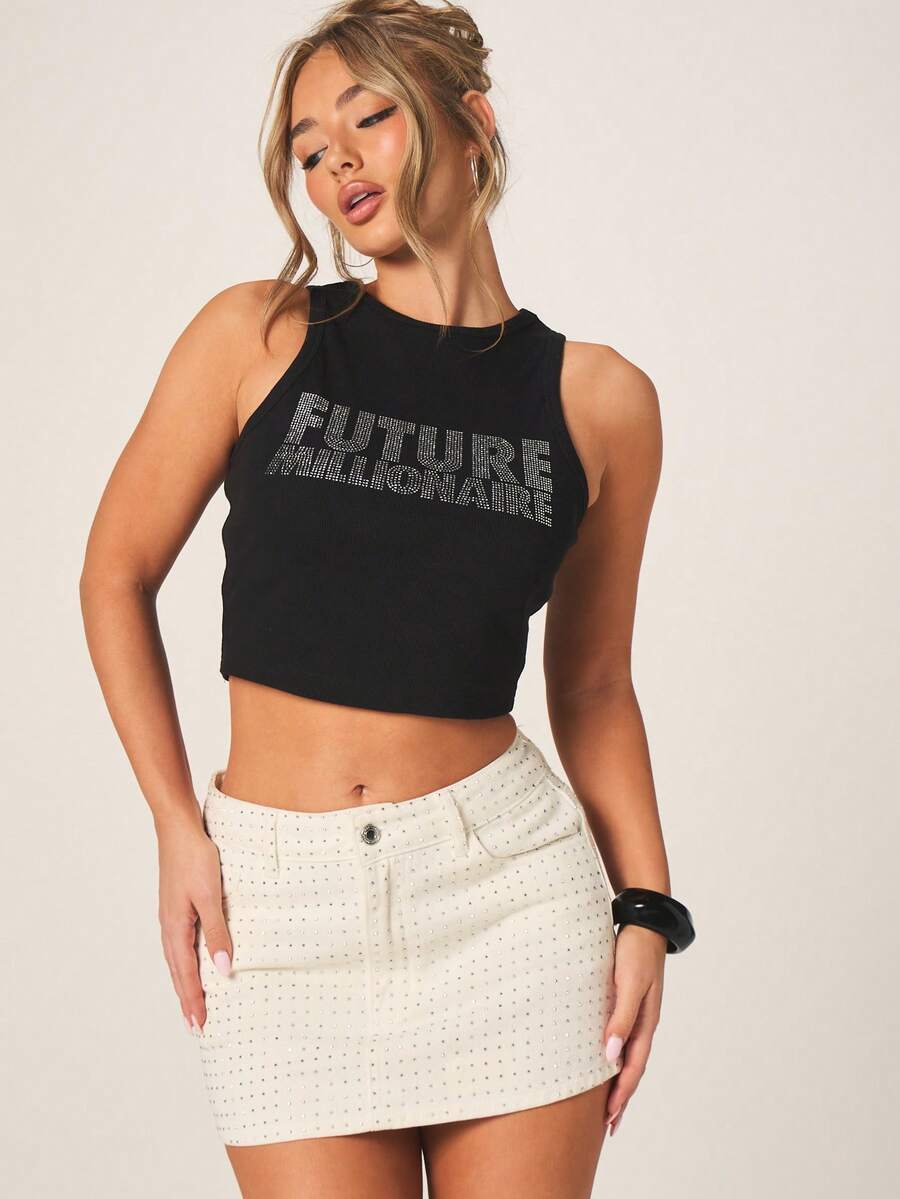 MISSGUIDED 黑色无袖水钻未来百万富翁文字背心露脐短款马甲夏季时尚宣言 - 黑色 - 查看 1