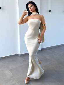 Vassilux Elegant Strapless Backless Dress With Sash, Sexy Solid Color Cream Yellow Formal Gown For Party, Cocktail, Wedding, Birthday, Bridesmaid - Apricot - View 1