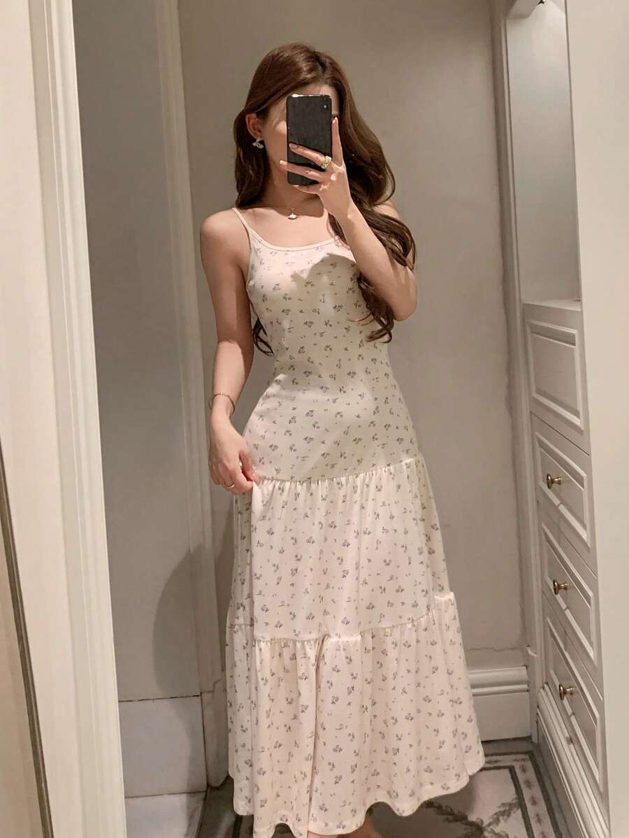 DAZY 度假风碎花吊带连衣裙，女士夏季睡衣 - 杏色 - 查看 1