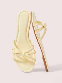 CUCCOO DOLLMOD Sandalias planas cómodas de color amarillo claro para damas, con decoración de lazo en estilo dulce - Macaron albaricoque - Ver 2