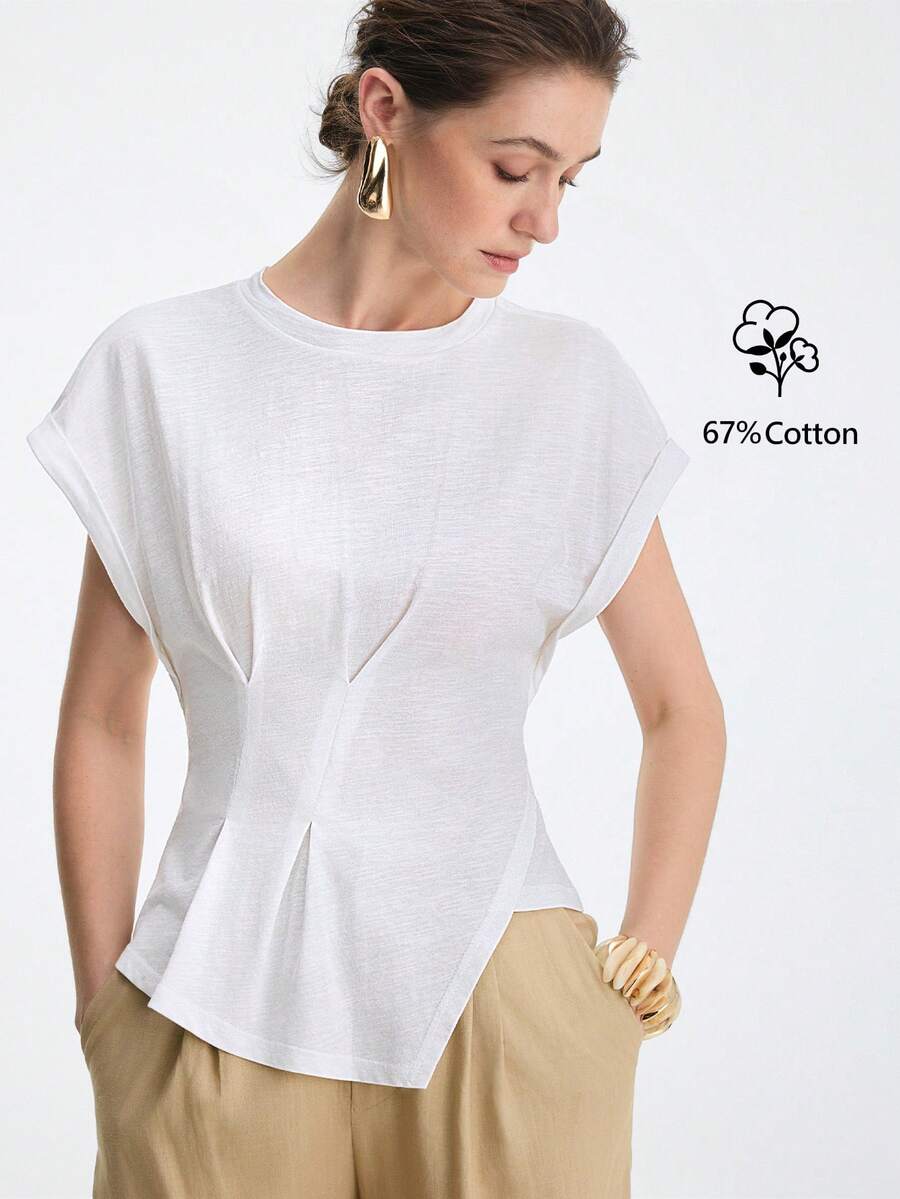 Aalyst Women's Elegant White Summer T-Shirt Casual Round Neck Short Sleeve Asymmetrical Hem Ruffled Waist Top,Suitable For Work,Dates And Vacation