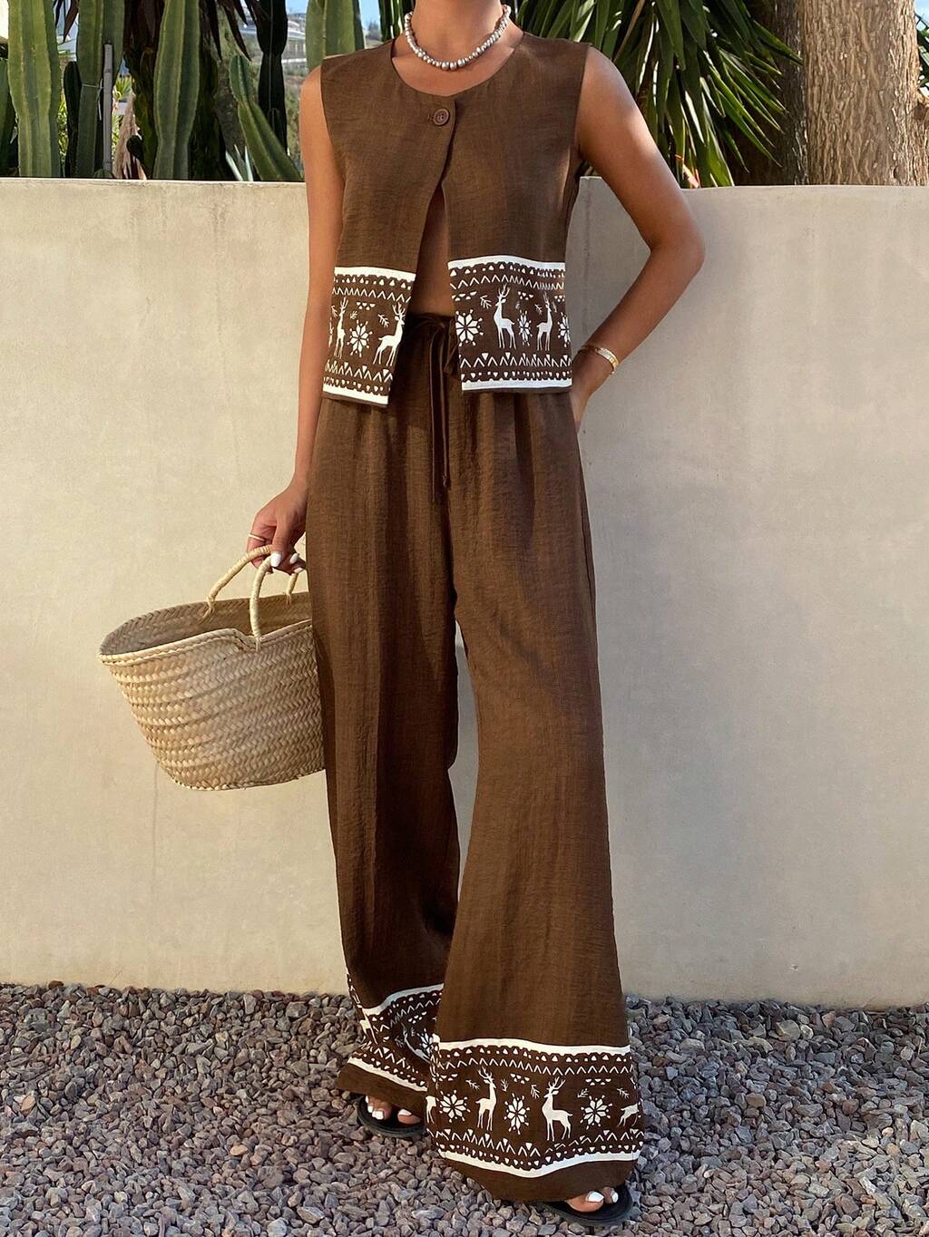 Women's Round Neck Sleeveless Open Front Printed Vest And Loose Printed Wide Leg Pants 2 Pieces Vacation Set