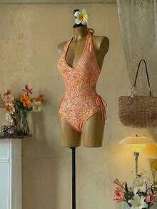 SHEIN MOD 1件装女士碎花吊带连体泳衣 - 橘色 - 查看 2