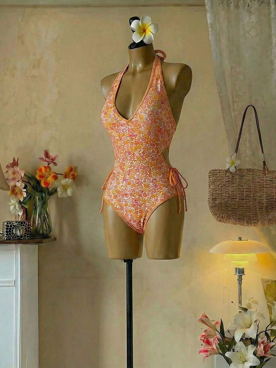 SHEIN MOD 1件装女士碎花吊带连体泳衣