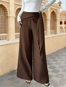 Elenzga 新款女式斜纹编织侧拉链腰带喇叭形设计春秋休闲优雅宽松长裤 - 棕色 - 查看 6