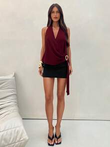 Aloruh 女士新款纯色酒红色吊带系带金属扣交叉V领无袖上衣，适合外出、日常穿着、通勤、办公等场合。 - 紫色 - 查看 8