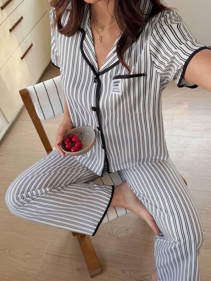 Napfluff New Striped Short Sleeve & Pants Women Pajama Set - Black and White - View 1