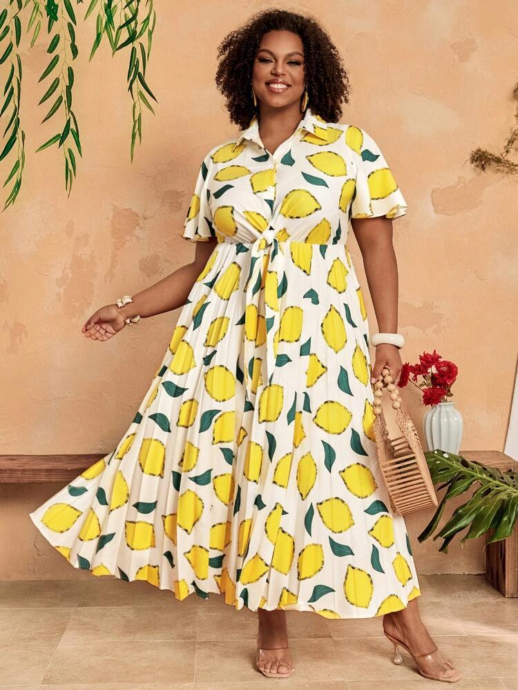 Plus Size Women All-Over Print Ruched Casual Party Dress Women Casual Dresses Women's Summer Dresses Women's Spring Dress Picnic Dresses For Women Women Lemon Print Dress Plus Size Summer Dresses For Women Plus Size Spring Dress