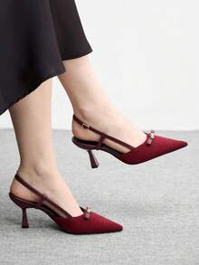 CUCCOO BIZCHIC Elegant Women's Pointed Toe Mid-Heel Pumps, Backless Design, Metal Embellishment, Textured Vamp, Commuting Shoes - Red - View 1