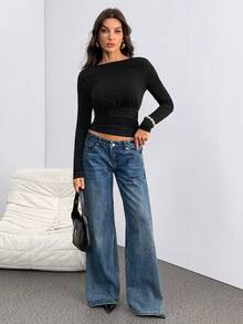 SHEIN Tall 深V露背长袖上衣 冬季黑色 - 黑色 - 查看 8