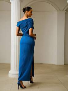 ZEYLAH Asymmetric Ruched Satin Patchwork Dress, Spring/Summer - Blue - View 3