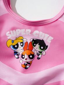 THE POWERPUFF GIRLS X SHEIN 少女撞色卡通印花比基尼套装，适合海滩/度假 - 彩色 - 查看 3