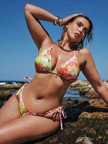SHEIN BAE Bộ bikini hai mảnh gợi cảm buộc dây cổ và quần tam giác in hoa dành cho nữ cỡ lớn, thích hợp cho kỳ nghỉ hè. - Nhiều màu - Xem 5