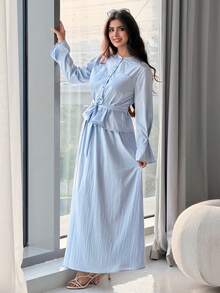 Mulvari 女士纯色单排扣打结上衣和半裙两件套，时尚约会之选 - 藍色 - 查看 4