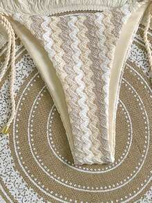 Swim Vcay Women's 2 Pieces Summer Beach Swimwear, Textured Hollow-Out Knit Fabric, Rope Spaghetti Straps, Starfish Decor, Rope Tie Side Bottoms, Bikini Set - Khaki - View 4
