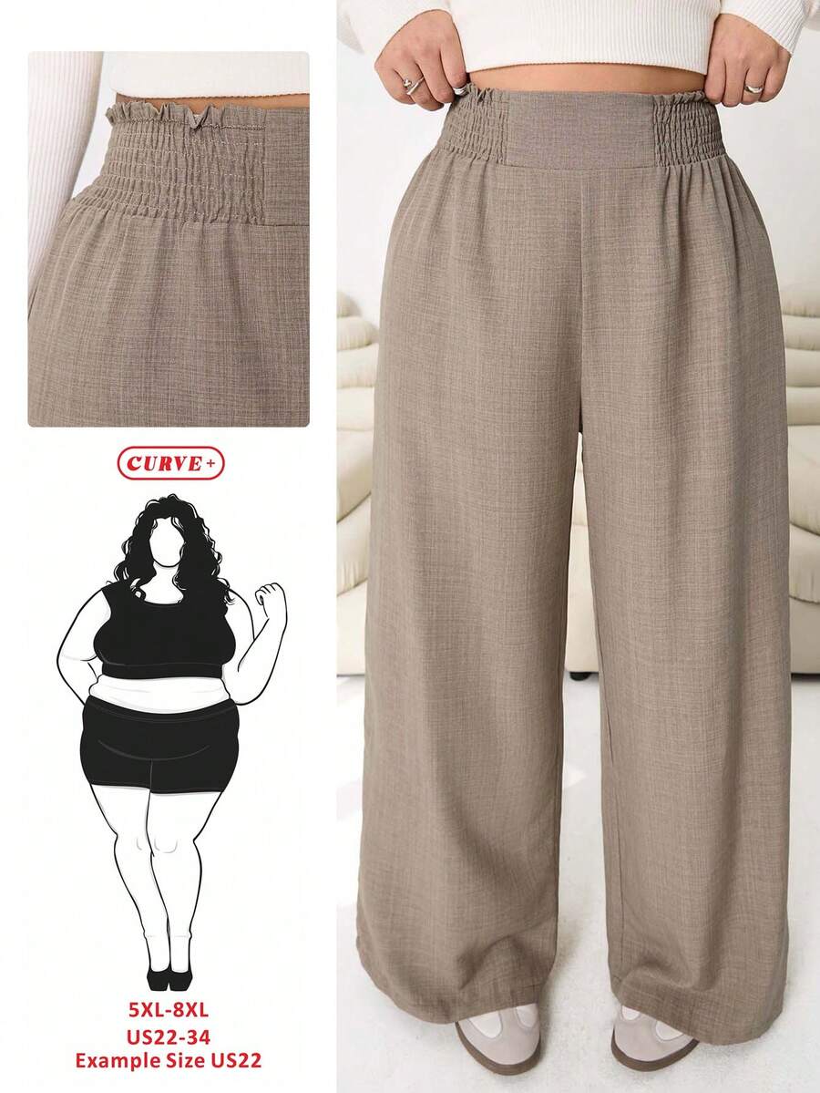 SHEIN CURVE+ 大码女式纯色抽绳腰阔腿宽松休闲裤 - 米色 - 查看 1