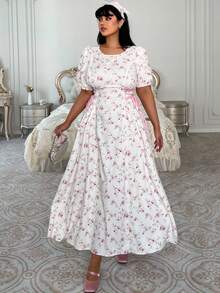 Lyrianda Modest Plus Size French Jacquard Tie-Up Dress,Summer White Floral Maxi Curve Tea Party Holiday Milkmaid Cottagecore Puffy Sleeve Elegant Midi Dress - Apricot - View 7