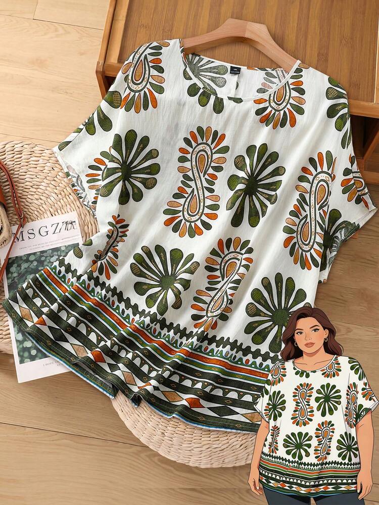 Plus Size Women's Floral Round Neck Blouse,White Summer Boho Vacation Holiday Bachelorette Party Short Sleeve Pattern Tops Casual Elegant Clothes