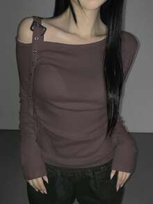 DAZY 女士性感露肩长袖T恤，百搭修身休闲上衣 - 駝色 - 查看 2