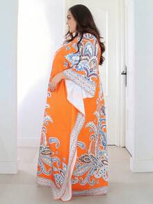 Pretty and Ole Plus Size Batwing Sleeve Round Neck Printed Loose Fit Dress, Suitable For Vacation And Gatherings - Orange - View 6