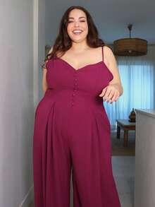Pretty and Ole Plus Size Women's Elegant Dignified Button Strap Pleated Waist Wide Leg Jumpsuit - Purple - View 4