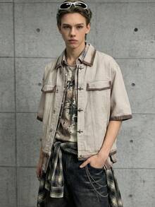 ROMWE MEN Grunge Punk Men's Spray-Dyed Brown Casual Denim Shirt With Metal Buttons - Brown - View 11